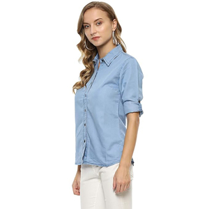 Camisa de Mezclilla con Cuello Alto 100% Algodón Orgánico para Mujer, Corte Ajustado, Manga Corta, Informal, de Verano, para Oficina - Product Image 5