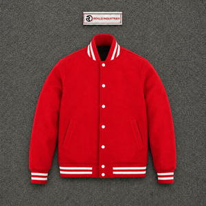 Chaqueta universitaria roja de lana para hombre, chaqueta de béisbol personalizada con letras, cuello, puños y dobladillo acanalados con rayas blancas, cierre clásico a presión. - Product Image 5