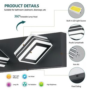 Applique murale LED moderne 3 lumières noir mat pour salle de bain avec abat-jour en acrylique, éclairage haut et bas - Product Image 6
