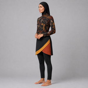 High Quality Designer 3-Piece Muslim <b>Burkini</b> Set Women Modest Luxury Fall Leaf Print <b>Swimwear</b> Full Coverage Islamic Swim Suit - Product Image 6