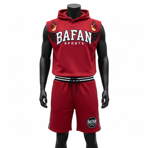 Conjunto Deportivo Corto sin Mangas para Hombre, 100% Algodón, Felpa Gruesa, Color Rojo, con Logotipo Bordado - Product Image 1