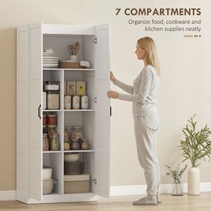 Farmhouse Style 71\" Tall <b>Kitchen</b> <b>Pantry</b> Storage Cabinet White with Adjustable Shelves Soft Close Hinges Made of Aluminum Wood - Product Image 4