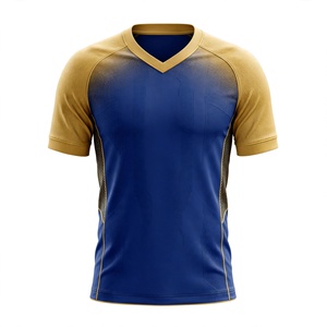 Maillot de football respirant à manches courtes pour homme en polyester, bleu roi et or ombré, col en V, imprimé par sublimation, coupe raglan en maille - Product Image 1