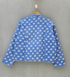 Veste matelassée bleue à fleurs pour femme, style patchwork en jean, cardigan avec bordure rayée et poche - Product Image 6