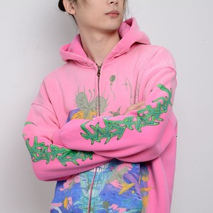 Hiver 2026 Sweat à capuche zippé oversize en coton épais de haute qualité pour homme, style streetwear, avec broderie de patchs effet vieilli et délavage acide vintage - Product Image 4