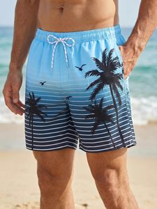 Traje de Baño para Hombre de Secado Rápido, Antibacterial, con Estampado de Palmeras a Rayas, Cordón Ajustable, Corte Regular, Poliéster/Nailon, 1 Pieza - Product Image 4