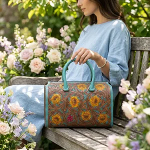 Genuine Leather Shoulder Bag Floral Women <b>Handbag</b> Zipper Purse Portable Daily Aesthetic Travel Bag - Product Image 3