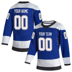 Maillot de hockey sur glace personnalisé, col en V, manches longues, impression sublimée, polyester respirant, unisexe adulte, bleu et blanc, numéros d'équipe - Product Image 1