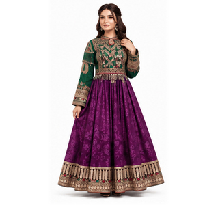 Robe Kurta Traditionnelle en Soie Violette avec Broderie Dorée pour Femme, Tenue Ethnique de Mariage, Longueur au Sol, Style Indien, Pakistanais et Afghane - Product Image 2