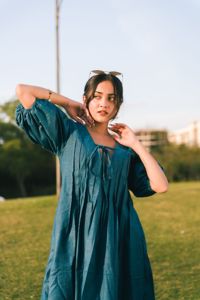 <b>Boho</b> Loose Midi <b>Dress</b> With Tie Neck Puff Sleeve 100% Linen Woven Solid Color Breathable Daily Wear <b>Summer</b> Casual <b>Dress</b> - Product Image 1