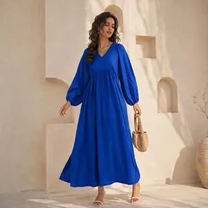 Elegant Blue Plain Cotton Linen Maxi <b>Dress</b> With Boho Style V-Neck <b>Loose</b> Fit Puff Sleeve Summer Casual <b>Dress</b> For Women - Product Image 4