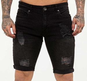 Shorts de mezclilla rasgados y desgastados de algodón elástico transpirable de cintura media para hombre, hasta la rodilla, ideales para la temporada de verano. - Product Image 2