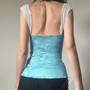 New Style Floral Print Tank <b>Top</b> Plus Size Women's Ruffled Collar With Ribbons Spring Fashion <b>Blue</b> Woven Fabric - Product Image 2