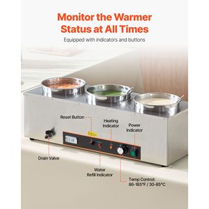 Scaldavivande Commerciale a Vapore con 3 Pentole in Acciaio Inox da 6,34QT, Temperatura Regolabile 86~185°F, 1500W - Product Image 4