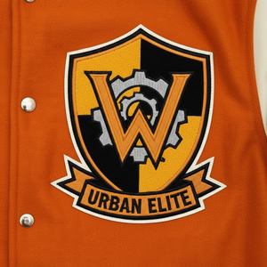 Chaqueta Varsity Kings of Concrete para Hombre, Diseño de Parches en Naranja y Crema, Estilo Urbano, Bordado, Corte Regular, Cuello Camisero - Product Image 6