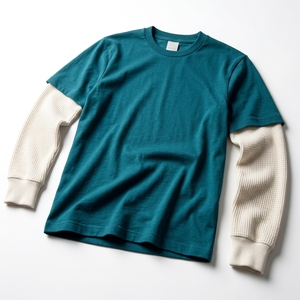 เสื้อยืดแขนยาวผู้ชาย สีเขียวอมฟ้า คอกลม ลำลอง ผ้าถัก 100% คอตตอน ทรงโอเวอร์ไซส์ ตัดต่อสีแบบกำหนดเองได้ - Product Image 5