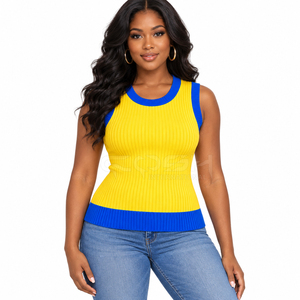 Cosh International Sisterhood Sorority Knitted <b>Sleeveless</b> Vest Blue Trim Winter Elegant Style Crew Neck Casual Wear - Product Image 3
