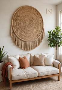 Décoration murale bohème en jute tissée ronde avec pompons, naturelle, pour salon - Product Image 3
