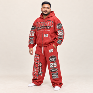 Ensemble de survêtement à capuche rouge en molleton imprimé, sweat-shirt et pantalon de jogging amples, design personnalisé patchwork, tenue d'automne pour homme - Product Image 1