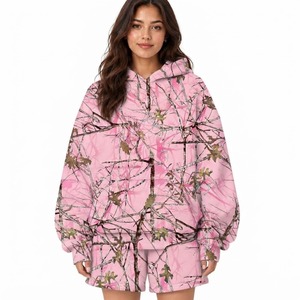 Bulk Bright Pink Camouflage Printed <b>Hoodies</b> and Shorts Set 100% Cotton Breathable <b>Women</b> Stylish <b>Long</b> Sleeve Casual Loose Outfit - Product Image 4