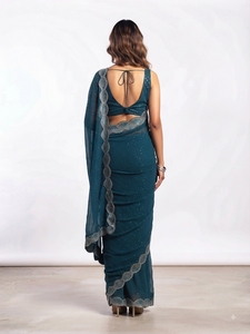 Elegante Saree de Seda Color Verde Azulado con Borde Bordado y Estampado Digital para Mujer, Ideal para Bodas y Graduaciones, Largo hasta el Suelo, Corte Regular, Estilo Indio - Product Image 3