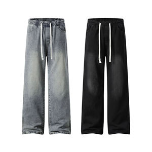 Jeans baggy droits personnalisés pour hommes, style streetwear, en denim de coton délavé foncé, effet usé, vintage et tendance - Product Image 1