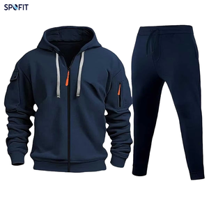 Men's Navy Blue Hooded Tracksuit Set Full <b>Zip</b> Sweatshirt Joggers Pants Solid Color Casual Autumn Wear Breathable Polyester - Product Image 1
