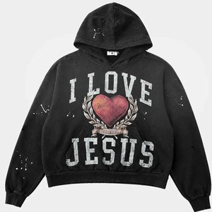 Sudadera con Capucha I Love Jesus, Sudadera Cristiana con Bordado de Algodón Grueso, Ropa Urbana con Mensaje Religioso - Product Image 1