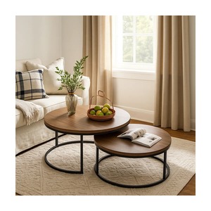 Modern Round Wood Coffee <b>Table</b> With Metal Frame <b>Nesting</b> Design Living Room Furniture - Product Image 5