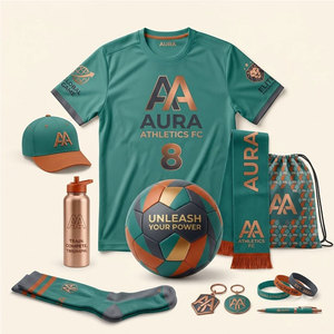 Kit promotionnel professionnel pour supporters de football, conçu avec maillot, casquette, drapeau, écharpe et ballon, pour clubs de supporters et promotions sportives - Product Image 1