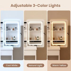 Coiffeuse à éclairage réglable avec miroir coulissant, 4 tiroirs, tabouret et étagères ouvertes - Convertible, 3 options de couleur - Product Image 2
