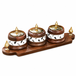 Ensemble de bols à fruits secs élégants en bois avec couvercles et support métallique, 4 compartiments, pour servir des noix, des bonbons et des dattes - Product Image 6