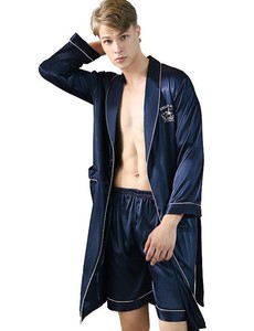 Pyjama et pantalon de nuit en satin vert pour homme, en polyester/coton tricoté, couleur unie, doux pour l'hiver, vêtement d'intérieur estival, col en soie glacée - Product Image 5