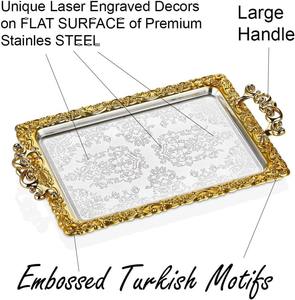 Bandeja para servir té y café al estilo turco con marco de metal dorado y superficie de espejo plateada, ideal para ocasiones especiales y regalos. - Product Image 6