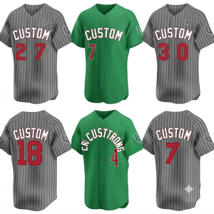 Camiseta de Béisbol Verde Oscuro, Uniforme de Equipo Cosido, Ropa Deportiva Personalizada, Rayas Grises, Cuello en V Unisex, 100% Algodón - Product Image 2