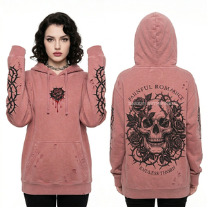 Sudadera con Capucha Extra Grande de 500GSM en Rosa Polvoriento para Mujer, con Estampado de Espinas de Rosa Góticas, Bordes Desgastados, de Felpa de Algodón Grueso - Product Image 1