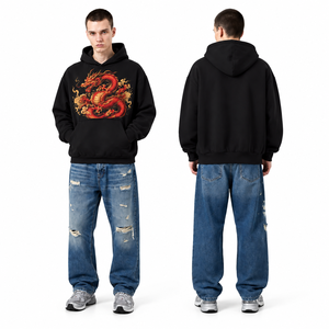 Sweat-shirt à capuche noir surdimensionné pour homme OEM ODM avec imprimé dragon rouge sur le devant, poche kangourou, style hip-hop, logo personnalisé - Product Image 1