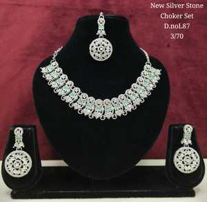 High Quality Latest Designed Fancy Collection Geometric silver Plated Pearl Kundan Necklace Earring Ring <b>Set</b> Women's Jewelry - Product Image 1
