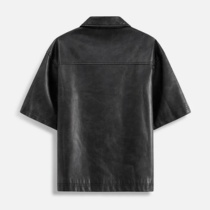 Men's PU Leather <b>Jacket</b> <b>Short</b> <b>Sleeved</b> Leather Zipper Men'S Casual <b>Short</b> <b>Sleeved</b> Leather <b>Jacket</b> Retro American Loose Black Shirt - Product Image 2