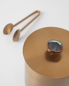 Luxury Brass Finish Metal Ice <b>Bucket</b> <b>with</b> Agate Stone <b>Lid</b> Knob Double Walled Stainless Steel Bar Canister for Hotels & Home Bar - Product Image 3