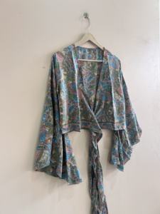 Top Cruzado de Seda para Mujer, Blusa Retro de Vacaciones con Lazo Frontal y Manga Campana, Estilo Bohemio - Product Image 2