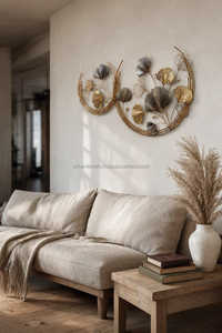 Grande Décoration Murale Circulaire Horizontale en Métal, Disque Côtelé Teal Blanc Doré, Sculpture Murale Circulaire pour Salon - Product Image 4