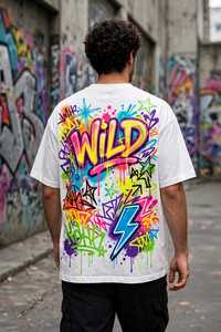 Unisex <b>White</b> <b>Slim</b> <b>Fit</b> Short Sleeve O-Neck T-<b>Shirt</b> with Colorful 3D Wild Graffiti Letter Print Vintage Style - Product Image 2