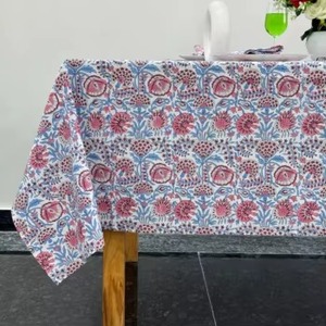 Indian Block Print Handmade Dining <b>Tablecloth</b> White Pink Flower Design Custom Size Cloth for Home Decor Farmhouse Style - Product Image 1