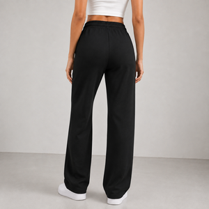 Black Knitted Wide Leg Pants High Waist Loose Fit Full Length Casual Solid Color Elastic Waist Fleece Sweatpants For Women - Product Image 2