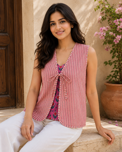 Gilet matelassé en coton rayé rose pour femme, veste sans manches à imprimé floral, haut décontracté d'été à nouer sur le devant, vente en gros OEM ODM - Product Image 2