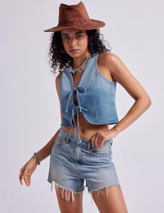 Gilet court en jean vintage uni pour femme, sans manches, col en V, vêtement d'extérieur - Product Image 6