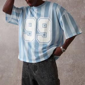 High Quality Cotton Eco-Friendly Mesh Fabric Men's Oversized Short Sleeve Blue <b>White</b> Pattern 180g Summer Blank Print Jersey <b>Tee</b> - Product Image 1