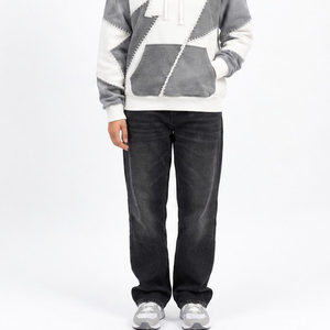 Sudadera con Capucha Extra Grande Unisex, Diseño de Parches Geométricos, Blanca y Gris, Ropa Casual de Otoño - Product Image 4