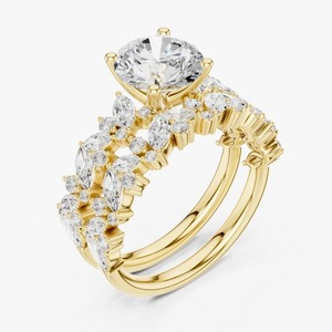 Ensemble de bagues de mariée en diamant de laboratoire taille ronde 2,00 carats, or jaune 9K, accent marquise pavé, bijoux en gros - Product Image 2